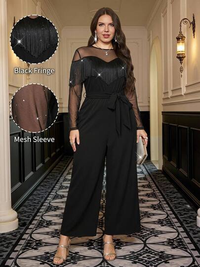 Reflora جمبسوت نسائي مقاس كبير بتصميم شبكي مع رقعات وزينة شرابات، كاجوال يومي، مثير وأنيق وفريد، مناسب للعطلات وحفلات الخريف والسهرات المسائية، باللون الأسود