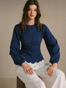 Poéselle Women's Elegant Navy Blue Textured Blouse, Long Puff Sleeve Round Neck Button Up Scalloped Hem Fitted Peplum Top For Fall Winter Office Workwear - Navy Blue - View 8