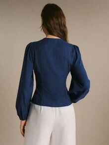 Poéselle Women's Elegant Navy Blue Textured Blouse, Long Puff Sleeve Round Neck Button Up Scalloped Hem Fitted Peplum Top For Fall Winter Office Workwear - Navy Blue - View 5
