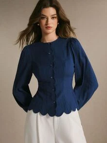 Poéselle Women's Elegant Navy Blue Textured Blouse, Long Puff Sleeve Round Neck Button Up Scalloped Hem Fitted Peplum Top For Fall Winter Office Workwear - Navy Blue - View 1
