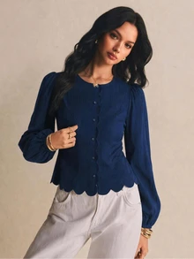 Poéselle Women's Elegant Navy Blue Textured Blouse, Long Puff Sleeve Round Neck Button Up Scalloped Hem Fitted Peplum Top For Fall Winter Office Workwear - Navy Blue - View 9