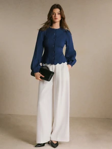 Poéselle Women's Elegant Navy Blue Textured Blouse, Long Puff Sleeve Round Neck Button Up Scalloped Hem Fitted Peplum Top For Fall Winter Office Workwear - Navy Blue - View 2