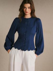 Poéselle Women's Elegant Navy Blue Textured Blouse, Long Puff Sleeve Round Neck Button Up Scalloped Hem Fitted Peplum Top For Fall Winter Office Workwear - Navy Blue - View 6