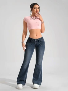 SHEIN Tall 女款休閒日常牛仔褲，附口袋與鈕扣設計 - 深色水洗藍 - 查看 5