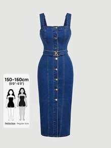 SHEIN PETITE 女款單排扣休閒日常夏季牛仔洋裝 - 藍色 - 查看 1
