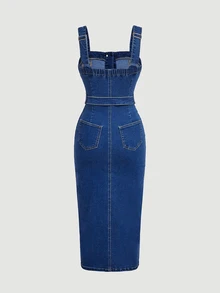SHEIN PETITE 女款單排扣休閒日常夏季牛仔洋裝 - 藍色 - 查看 2