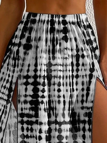SHEIN Swim Women's Tie Dye Print Split Casual Beach Cover Up Skirt, Summer - Black and White - View 5
