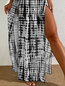 SHEIN Swim Women's Tie Dye Print Split Casual Beach Cover Up Skirt, Summer - Black and White - View 4