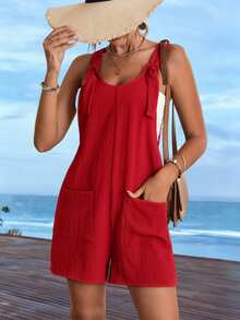 Sylviya Women Fashion Red Tie Knot Strap Square Neck Wide Leg Shorts Loose Fit Romper Jumpsuit With Pockets - Red - View 3