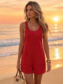 Sylviya Women Fashion Red Tie Knot Strap Square Neck Wide Leg Shorts Loose Fit Romper Jumpsuit With Pockets - Red - View 1