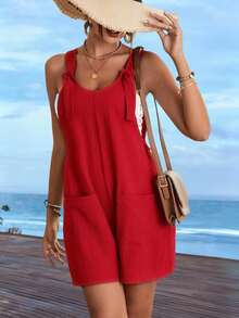 Sylviya Women Fashion Red Tie Knot Strap Square Neck Wide Leg Shorts Loose Fit Romper Jumpsuit With Pockets - Red - View 4