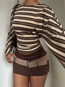 Aloruh 女款街頭風條紋拼接收腰長袖T恤，棕色上衣，外出穿搭上衣，辦公室穿搭，基礎上衣，感恩節，秋冬 - 彩色 - 查看 1