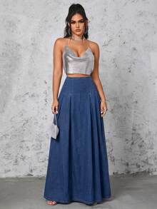 Selenza High Waist Fold Pleated Denim Skirt - Dark Wash - View 6
