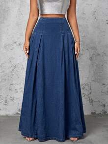 Selenza High Waist Fold Pleated Denim Skirt - Dark Wash - View 3