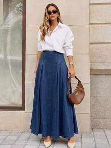 Selenza High Waist Fold Pleated Denim Skirt - Dark Wash - View 1