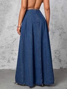 Selenza High Waist Fold Pleated Denim Skirt - Dark Wash - View 2