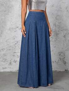 Selenza High Waist Fold Pleated Denim Skirt - Dark Wash - View 5