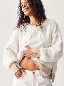 Bohemela Women's Colorblock Crew Neck Drop Shoulder Long Sleeve Loose Casual Retro Sweatshirt Everyday Homewear White Fall - Apricot - View 2
