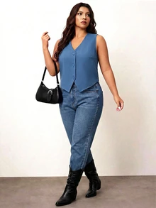 Enliva Rompi Hitam Tipis Ukuran Besar, Rompi Pakaian Kantor Wanita, Untuk Bentuk Tubuh Apel dan Bulat - Navy Blue - View 3