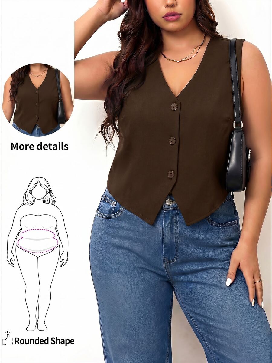 Enliva Plus Size Black Vest Thin Jacket, Women Office Wear Blouse - Brown - View 1