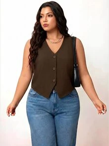 Enliva Plus Size Black Vest Thin Jacket, Women Office Wear Blouse - Brown - View 6
