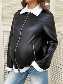 SHEIN 孕婦拼色翻領前拉鍊口袋PU皮革休閒夾克外套 冬季 - 黑與白 - 查看 4