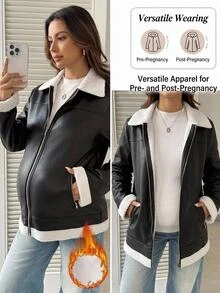 SHEIN 孕婦拼色翻領前拉鍊口袋PU皮革休閒夾克外套 冬季 - 黑與白 - 查看 1