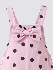 SHEIN 女童牛仔吊帶褲，四季新款，時尚甜酷復古設計，粉色底色配黑色波點印花，胸前3D大蝴蝶結設計，直筒寬鬆版型，百搭時尚日常穿搭，適合度假與多種場合，四季可穿的女童牛仔吊帶褲 - 粉色 - 查看 4