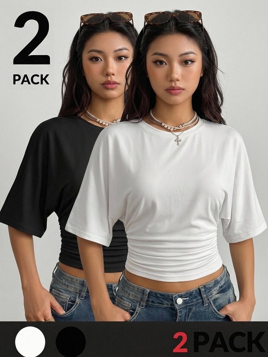 SHEIN Girlism Teen Girls T-Shirts Buy 1 Get 1 Free - Black and White - View 1