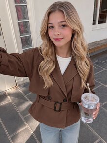 SHEIN 青少年女孩寬鬆休閒收腰優雅短版時尚風衣，適合秋冬穿著 - 咖啡棕 - 查看 8