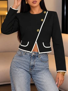 SOLERSUN Women's Contrast Crop Jacket Round Neck Long Sleeve Black And White Floral Button Elegant Smart Casual Casual Daily Dinner Business Office Fall - Black - View 2
