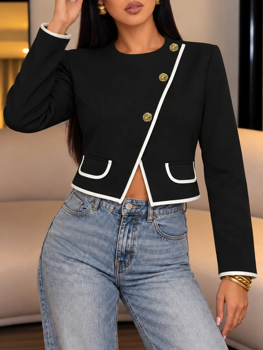 SOLERSUN Women's Contrast Crop Jacket Round Neck Long Sleeve Black And White Floral Button Elegant Smart Casual Casual Daily Dinner Business Office Fall