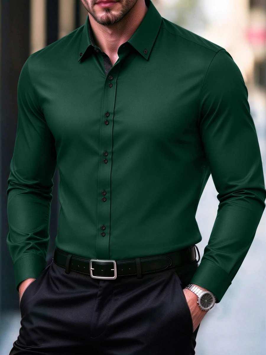 Calvornis Manfinity Mode Men's Long-Sleeve Business Casual Shirt , Premium Embossed Design, Formal, Old Money - Dark Green - View 1
