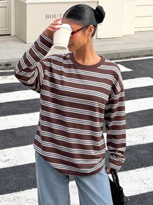 Muchica 女款復古棕色條紋長袖T恤，休閒性感寬鬆露背綁帶秋季上衣，街頭風Y2K優雅度假外出早午餐T恤 - 彩色 - 查看 5