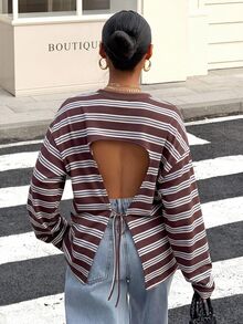 Muchica 女款復古棕色條紋長袖T恤，休閒性感寬鬆露背綁帶秋季上衣，街頭風Y2K優雅度假外出早午餐T恤 - 彩色 - 查看 4