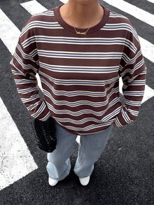 Muchica 女款復古棕色條紋長袖T恤，休閒性感寬鬆露背綁帶秋季上衣，街頭風Y2K優雅度假外出早午餐T恤 - 彩色 - 查看 3