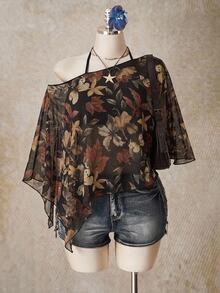 SHEIN ICON Casual Romantic Floral & Butterfly Print Plus Size Women's Mesh Top, Suitable For Summer - Multicolor - View 1