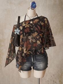 SHEIN ICON Casual Romantic Floral & Butterfly Print Plus Size Women's Mesh Top, Suitable For Summer - Multicolor - View 3