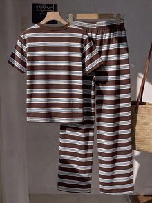 Muvela Women's Striped Round Neck Short Sleeve T-Shirt And Long Pants Casual 2 Pieces Set - Multicolor - View 2