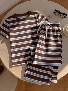 Muvela Women's Striped Round Neck Short Sleeve T-Shirt And Long Pants Casual 2 Pieces Set - Multicolor - View 4