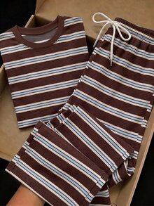 Muvela Women's Striped Round Neck Short Sleeve T-Shirt And Long Pants Casual 2 Pieces Set - Multicolor - View 5