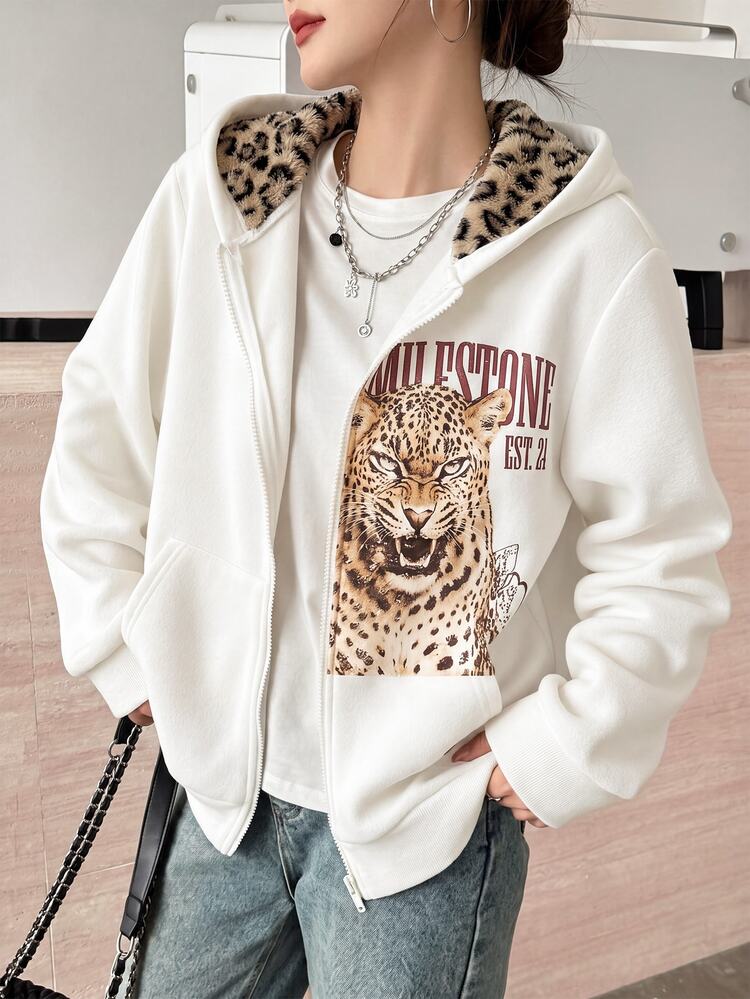 SHEIN Teen Girl Autumn/Winter Thermal Lined Thick Oversized Hoodie Sweatshirt, Leopard Print Plush Lining Long Sleeve Fashion Animal Leopard Slogan Print Jacket Coat, Beige White Teen Girl Jacket Coat, Girls Jacket Coat, Zipper Front Open Jacket - White - View 6