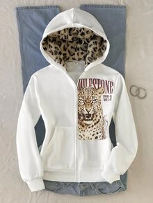 SHEIN 青少年女孩秋冬保暖內裡加厚寬鬆連帽衛衣，豹紋毛絨內裡長袖時尚動物豹紋標語印花夾克外套，米白色青少年女孩夾克外套，女孩夾克外套，前開拉鍊夾克 - 白色 - 查看 3