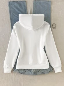 SHEIN 青少年女孩秋冬保暖內裡加厚寬鬆連帽衛衣，豹紋毛絨內裡長袖時尚動物豹紋標語印花夾克外套，米白色青少年女孩夾克外套，女孩夾克外套，前開拉鍊夾克 - 白色 - 查看 2