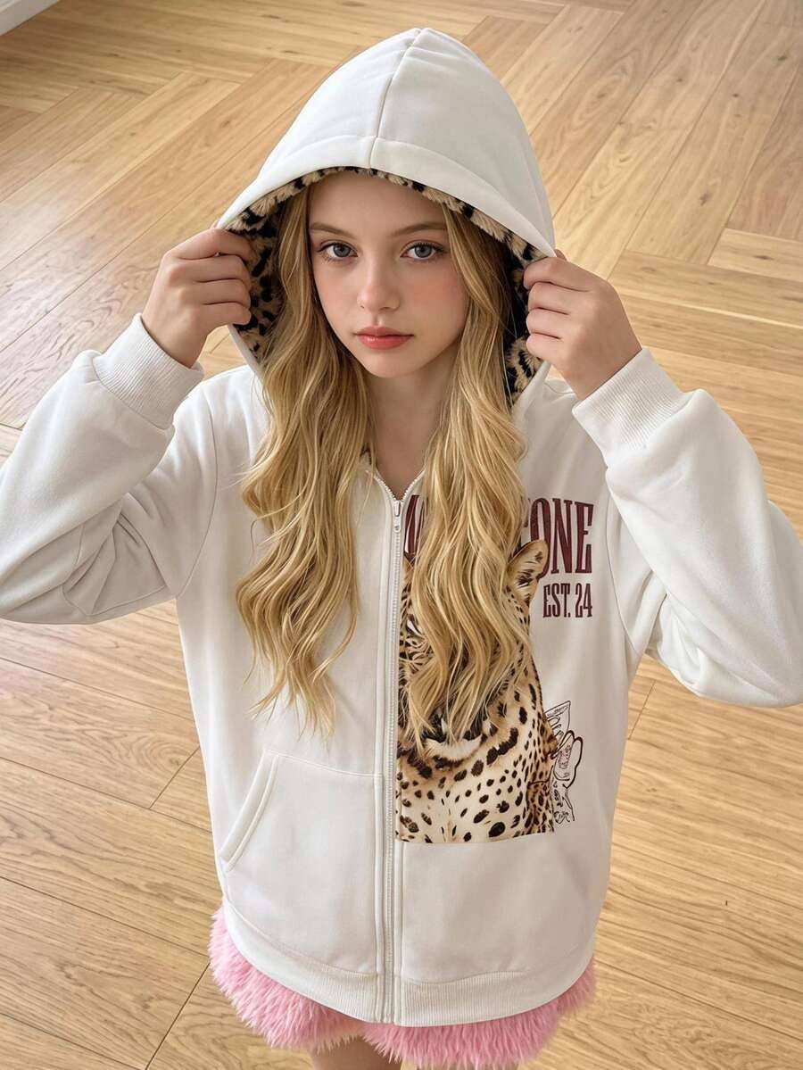 SHEIN 青少年女孩秋冬保暖內裡加厚寬鬆連帽衛衣,豹紋毛絨內裡長袖時尚動物豹紋標語印花夾克外套,米白色青少年女孩夾克外套,女孩夾克外套,前開拉鍊夾克 - 白色 - 查看 1
