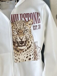 SHEIN 青少年女孩秋冬保暖內裡加厚寬鬆連帽衛衣，豹紋毛絨內裡長袖時尚動物豹紋標語印花夾克外套，米白色青少年女孩夾克外套，女孩夾克外套，前開拉鍊夾克 - 白色 - 查看 5