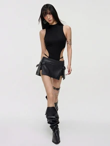 Rina Fox Bodysuit tank size lớn màu trơn cắt khoét eo, dáng ôm slim fit, phong cách Halloween, đi club, mùa thu - màu đen - Xem 6
