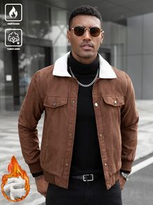 Manfinity Homme 男士仿麂皮抓絨夾克，仿羊羔絨領，羅紋下擺與袖口，鈕扣前襟，休閒通勤辦公，秋冬外套 - 棕色 - 查看 3