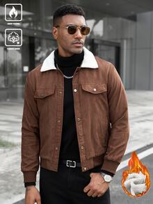 Manfinity Homme 男士仿麂皮抓絨夾克，仿羊羔絨領，羅紋下擺與袖口，鈕扣前襟，休閒通勤辦公，秋冬外套 - 棕色 - 查看 6