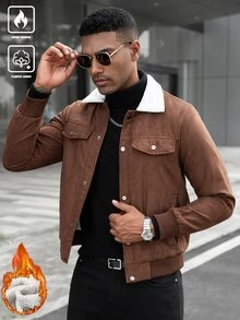 Manfinity Homme 男士仿麂皮抓絨夾克，仿羊羔絨領，羅紋下擺與袖口，鈕扣前襟，休閒通勤辦公，秋冬外套 - 棕色 - 查看 5